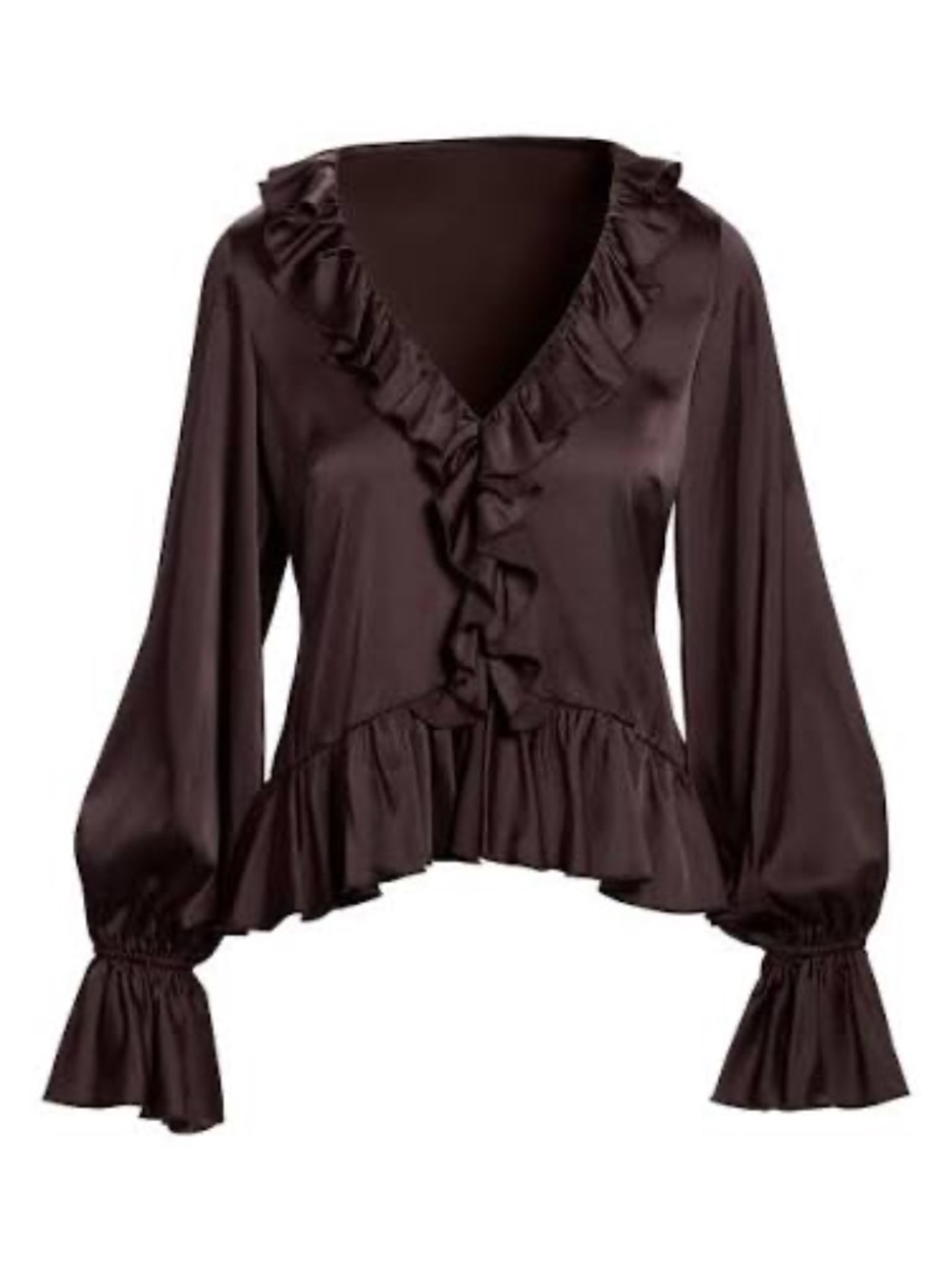 Paige Ruffle Charmeuse Blouse in Chocolate Torte